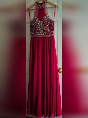 Embellished Halter Burgundy Evening Dress